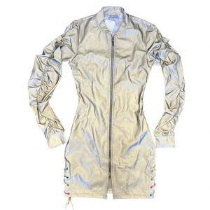Women’s So Real Silver Metallic Dress Zip Up Long Sleeve Bodycon Size XS
